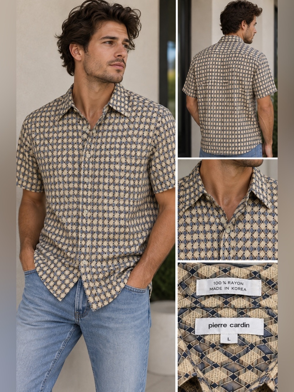 Pierre Cardin Beige & Navy Geometric Button-Down Shirt
